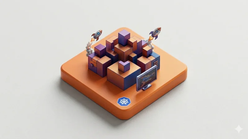 Kubernetes platform engineering — isometric 3D illustration with containers, rockets, and Kubernetes logo