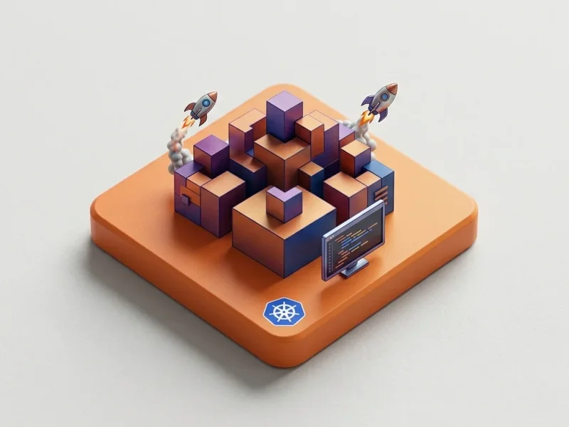 Kubernetes platform engineering — isometric 3D illustration with containers, rockets, and Kubernetes logo